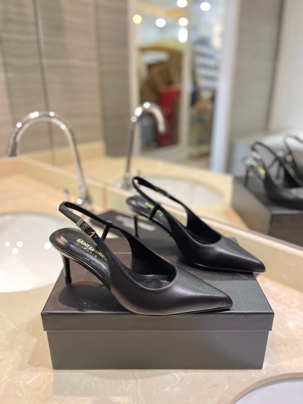 Black Leather Slingback Pumps