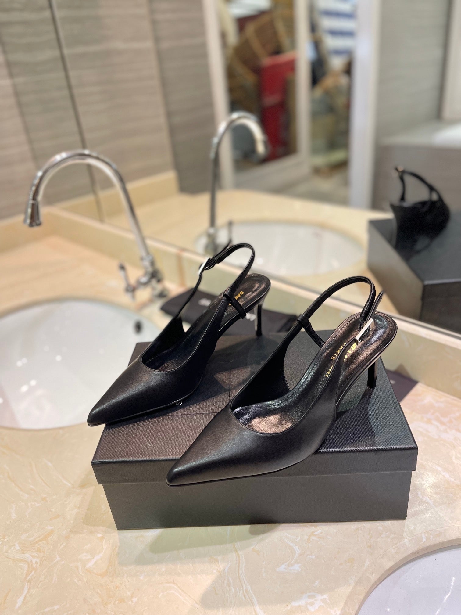 Black Leather Slingback Pumps