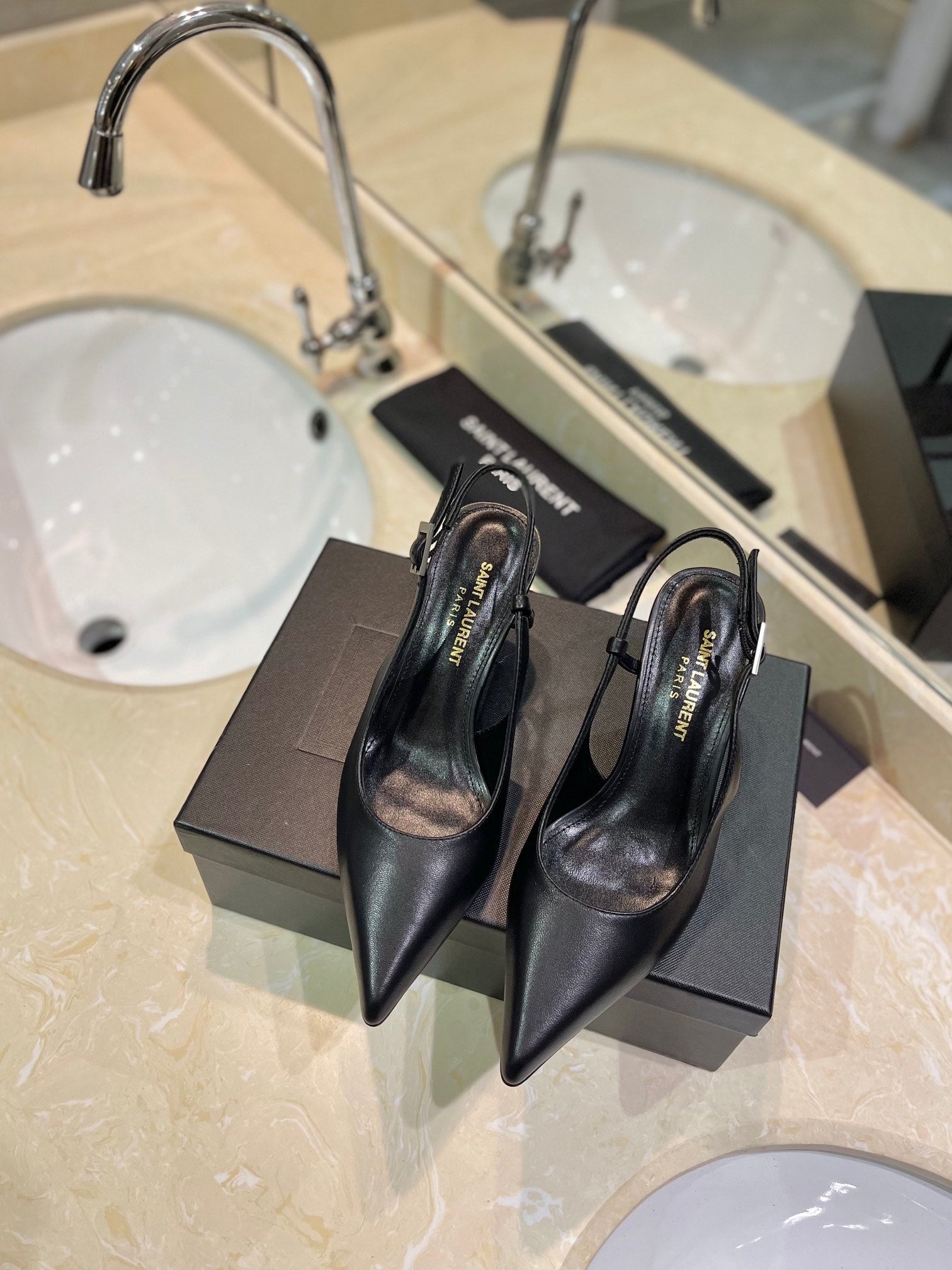 Black Leather Slingback Pumps