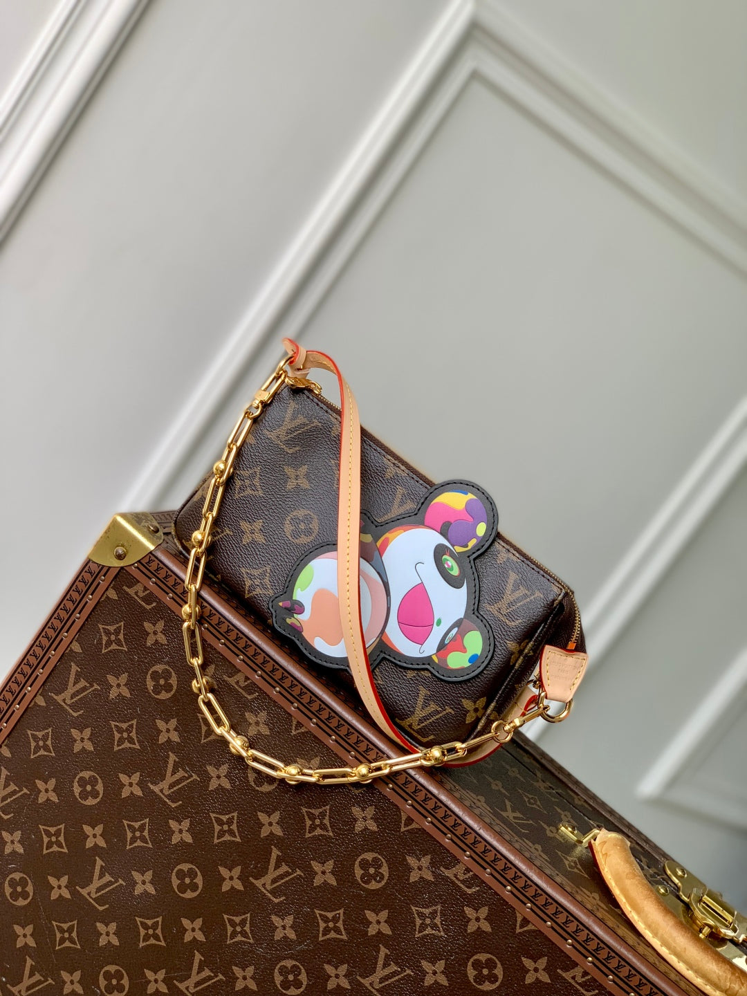 Monogram Crossbody Bag with Gold Chain – Limited Edition Cartoon Charm Design