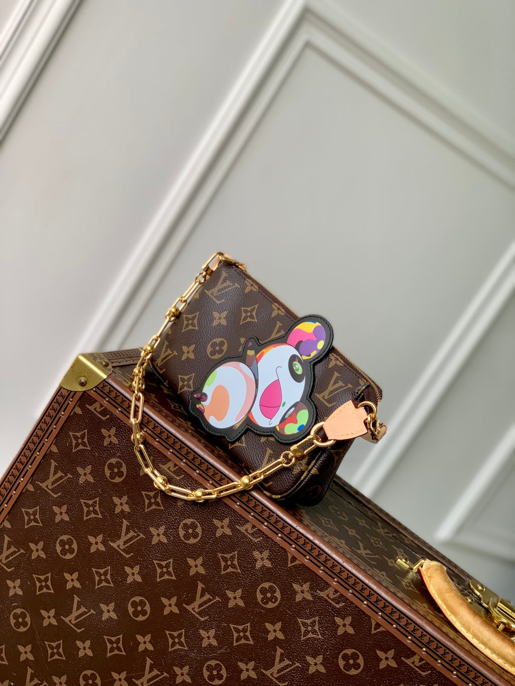 Monogram Crossbody Bag with Gold Chain – Limited Edition Cartoon Charm Design