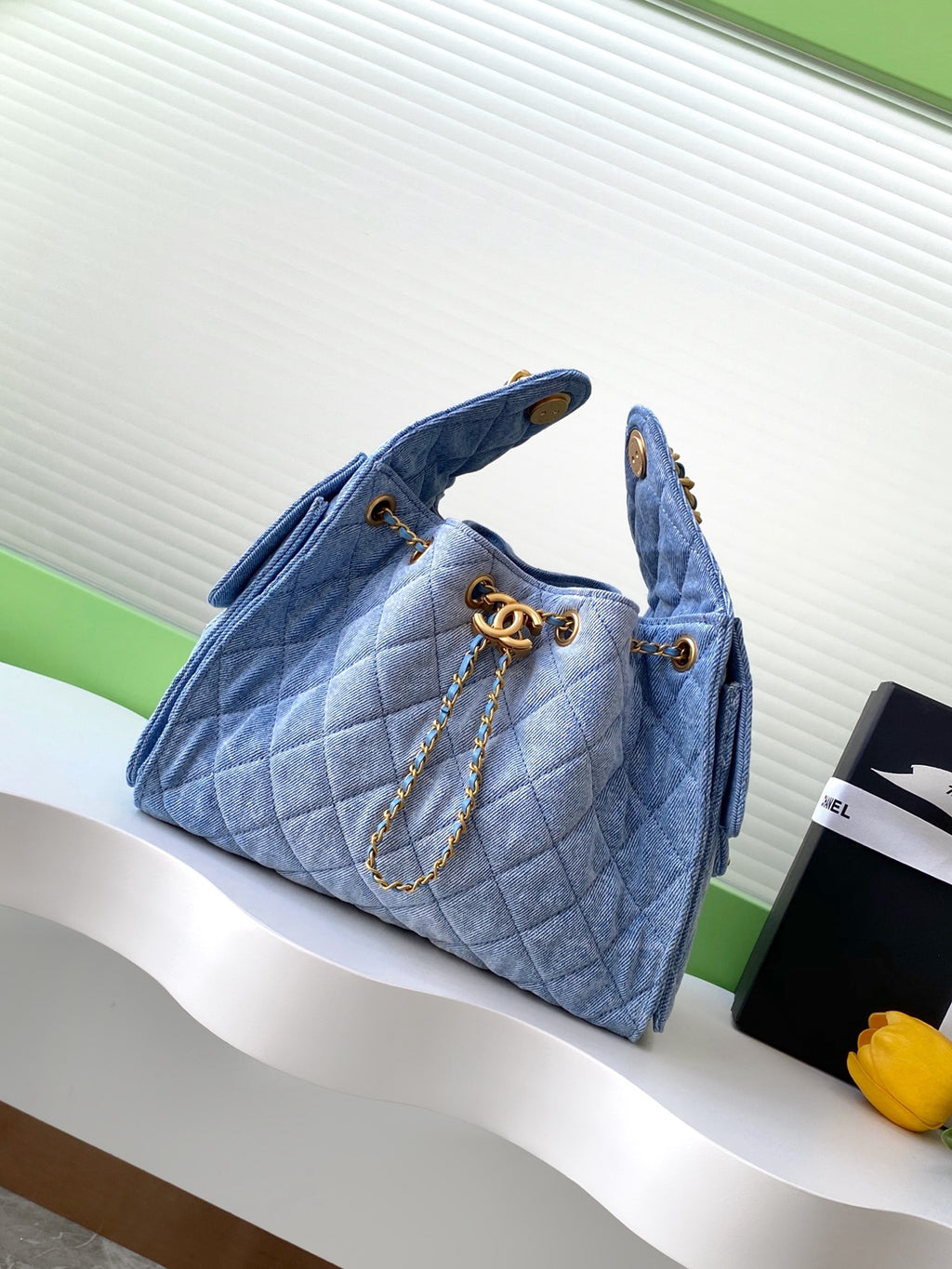 Quilted Denim Tote Bag – Blue Shoulder Bag with Gold Chain Detail