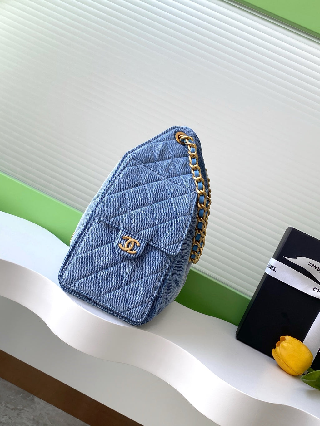 Quilted Denim Tote Bag – Blue Shoulder Bag with Gold Chain Detail