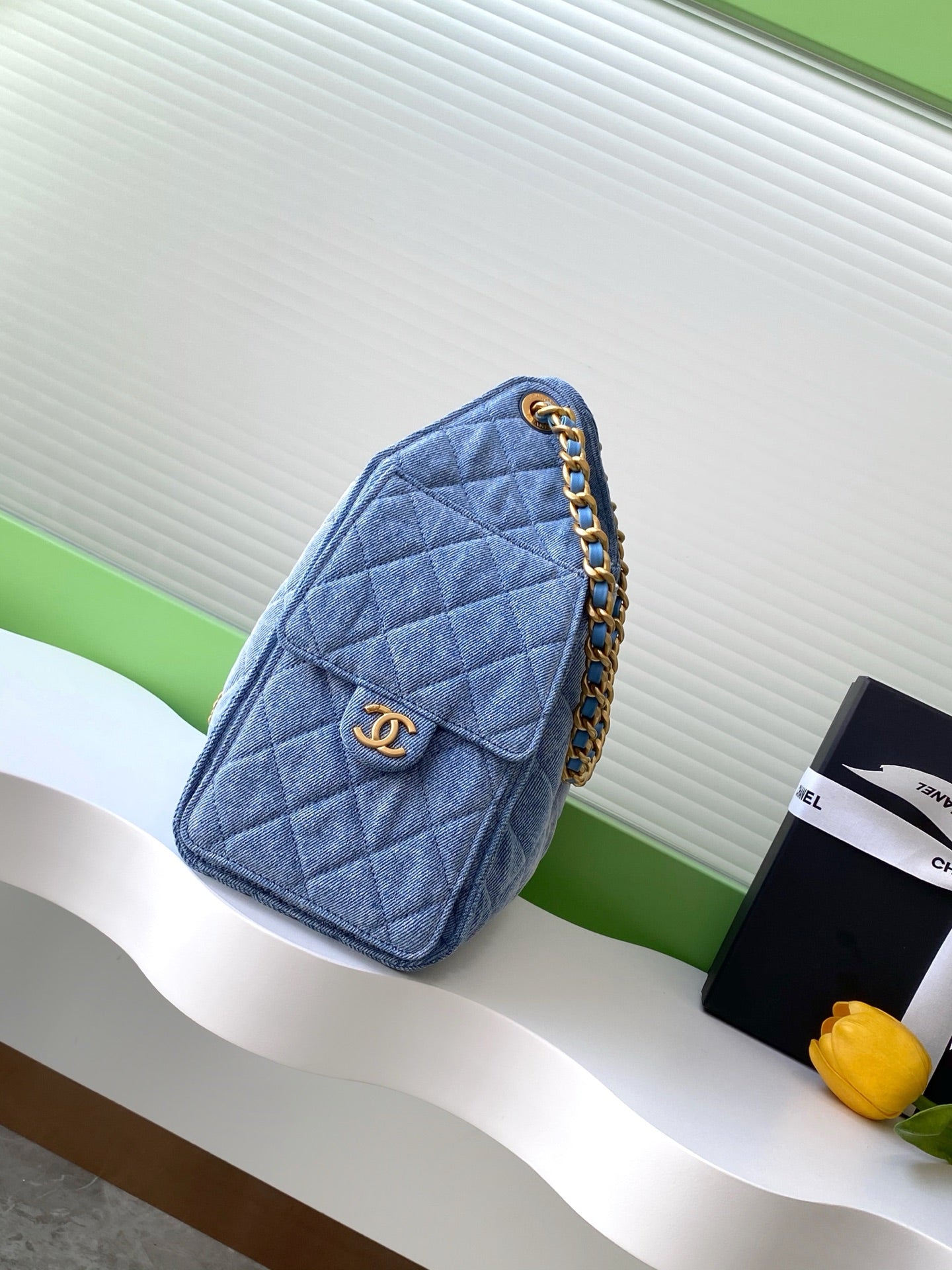 Quilted Denim Tote Bag – Blue Shoulder Bag with Gold Chain Detail