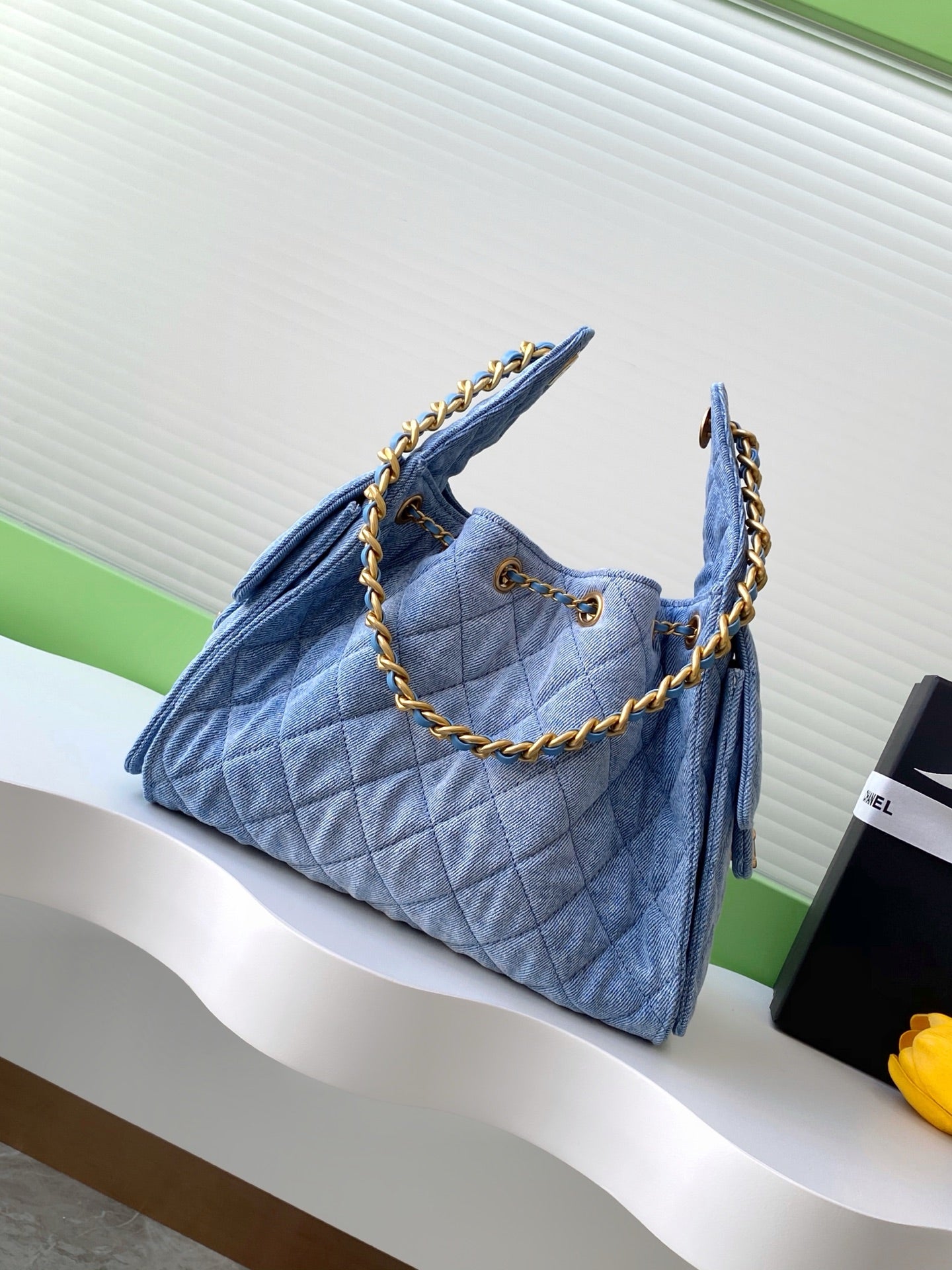 Quilted Denim Tote Bag – Blue Shoulder Bag with Gold Chain Detail