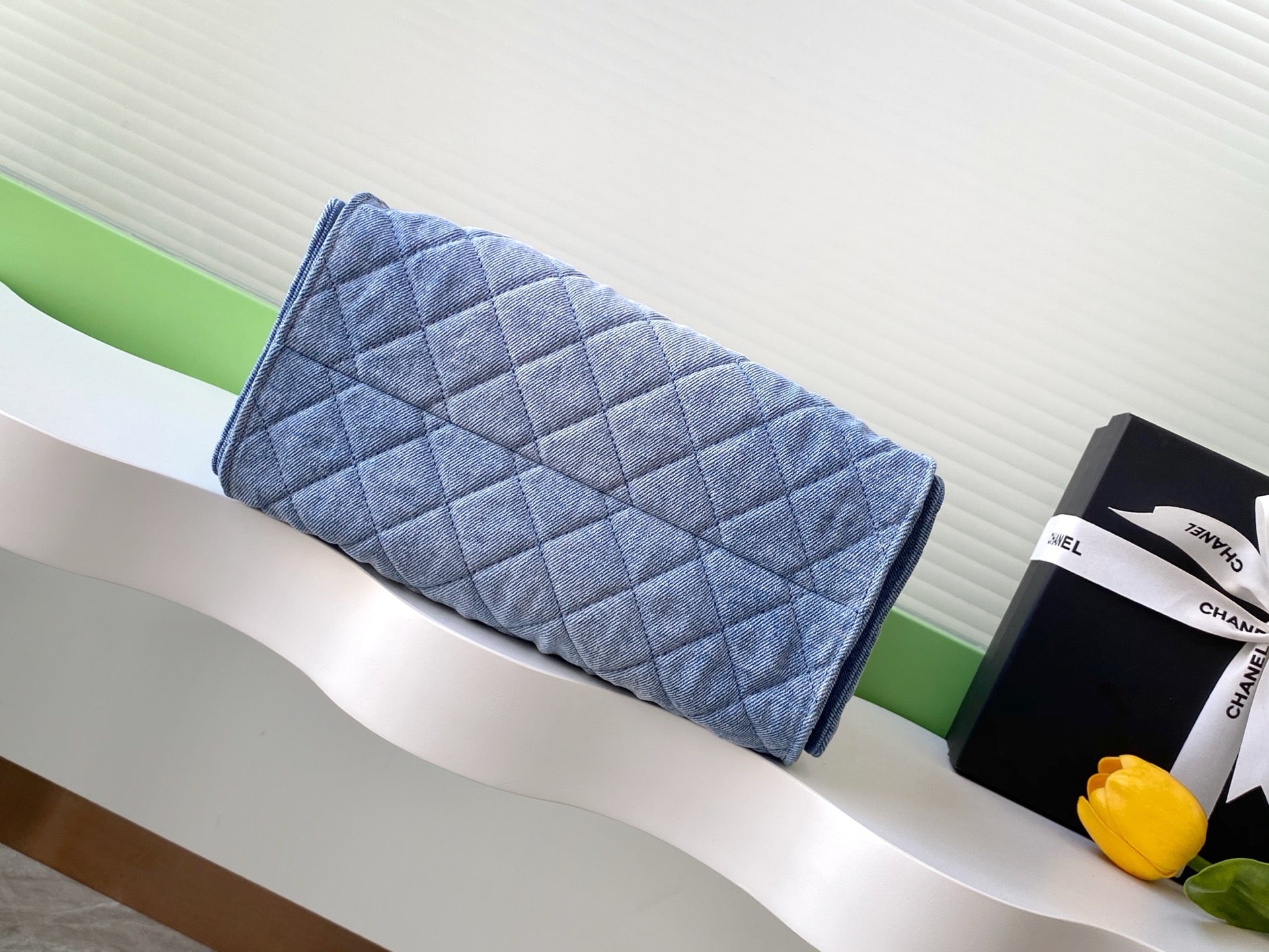 Quilted Denim Tote Bag – Blue Shoulder Bag with Gold Chain Detail