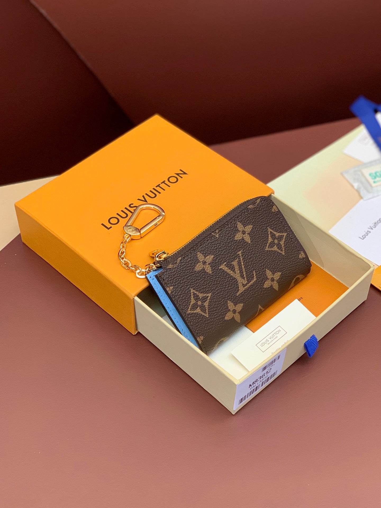 Compact Monogram Key Pouch – Mini Leather Wallet with Gold Chain Clip