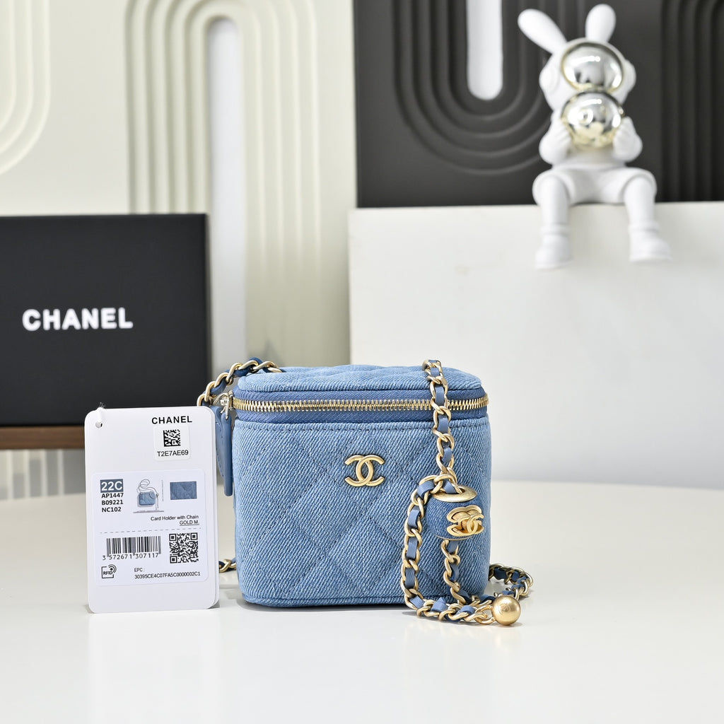 Denim Mini Vanity Bag – Quilted Blue Crossbody with Gold Chain Stra