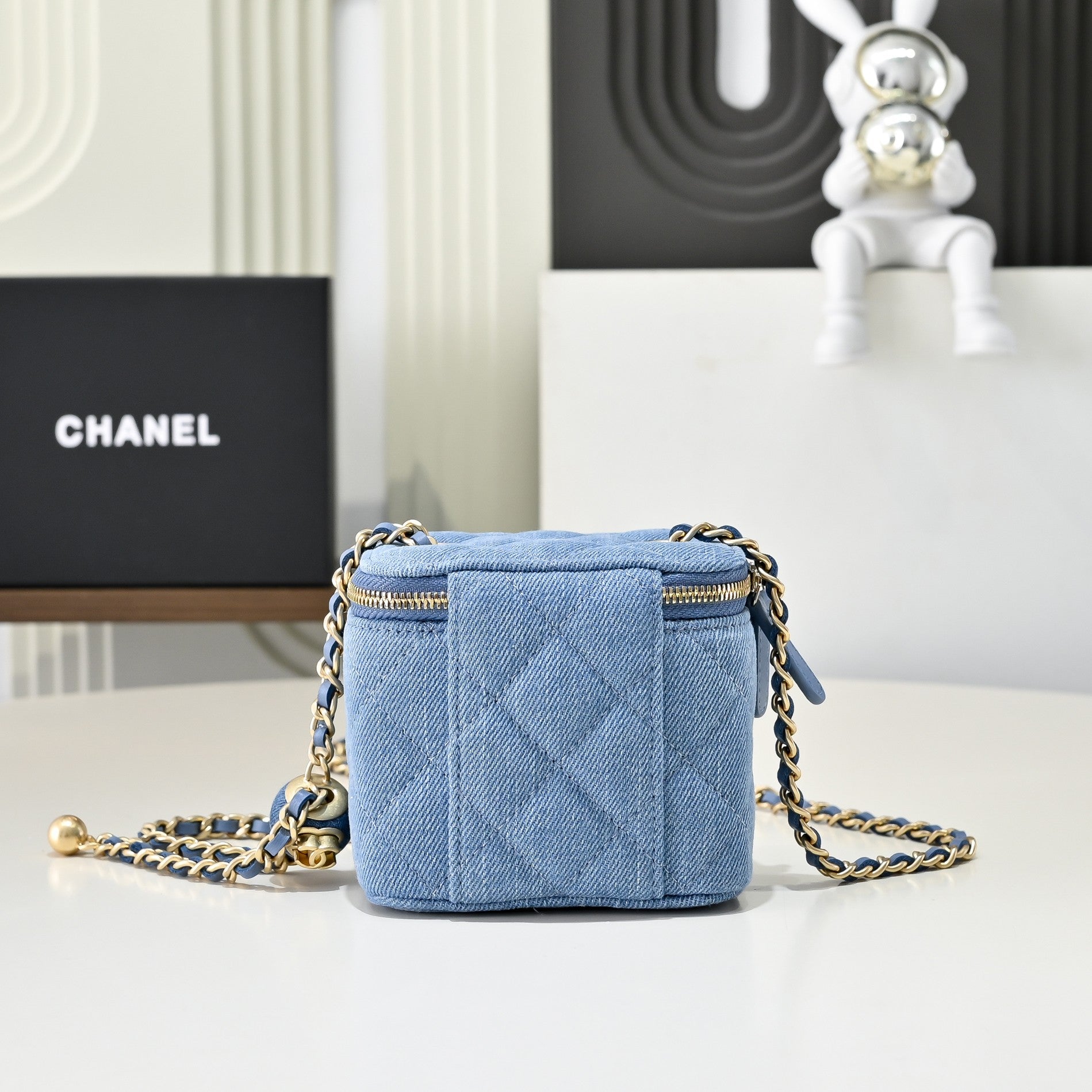 Denim Mini Vanity Bag – Quilted Blue Crossbody with Gold Chain Stra