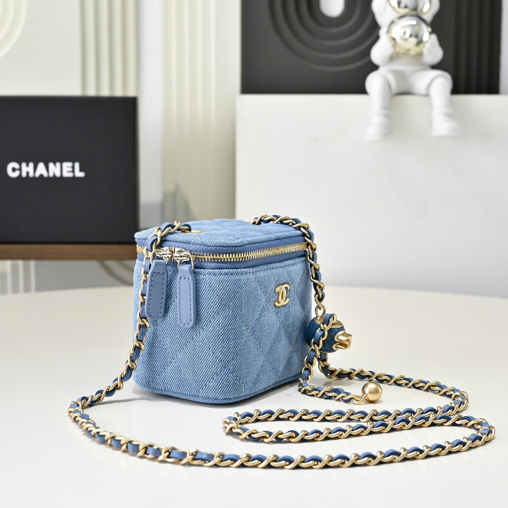 Denim Mini Vanity Bag – Quilted Blue Crossbody with Gold Chain Stra
