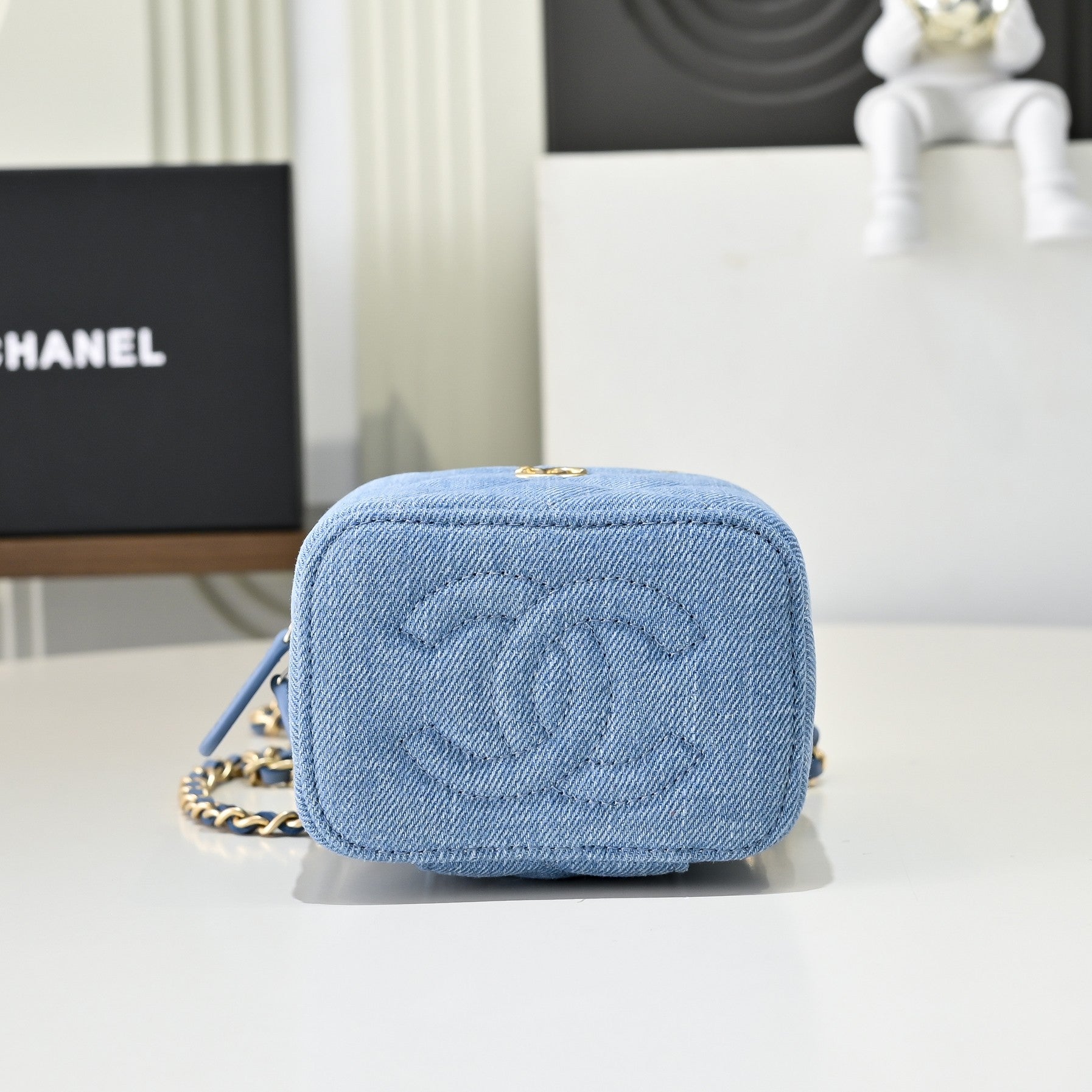 Denim Mini Vanity Bag – Quilted Blue Crossbody with Gold Chain Stra
